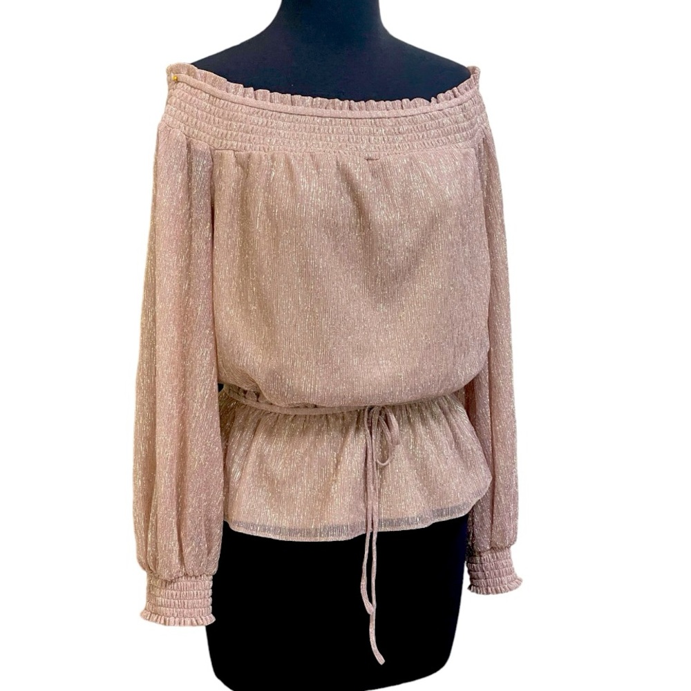 White House Black Market Gold Shimmer Off The Shoulder Top Sz S Long Sleeves